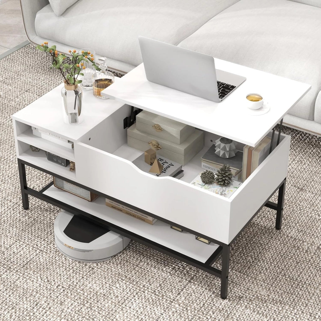 Tavolino da Salotto, Tavolino da Caffè con Piano Sollevabile, Vano Nascosto e Ripiano Rimovibile, Tavolino Basso in Legno e Metallo per Soggiorno e Sala, 100 x 50 x 48-61 cm (Bianco)