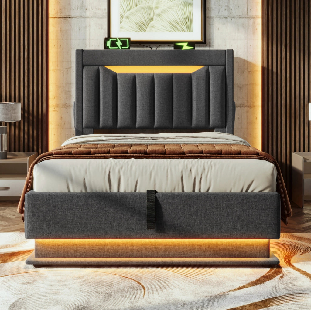 Letto singolo 90x200 cm in lino grigio con LED; USB; Type-C e contenitore idraulico