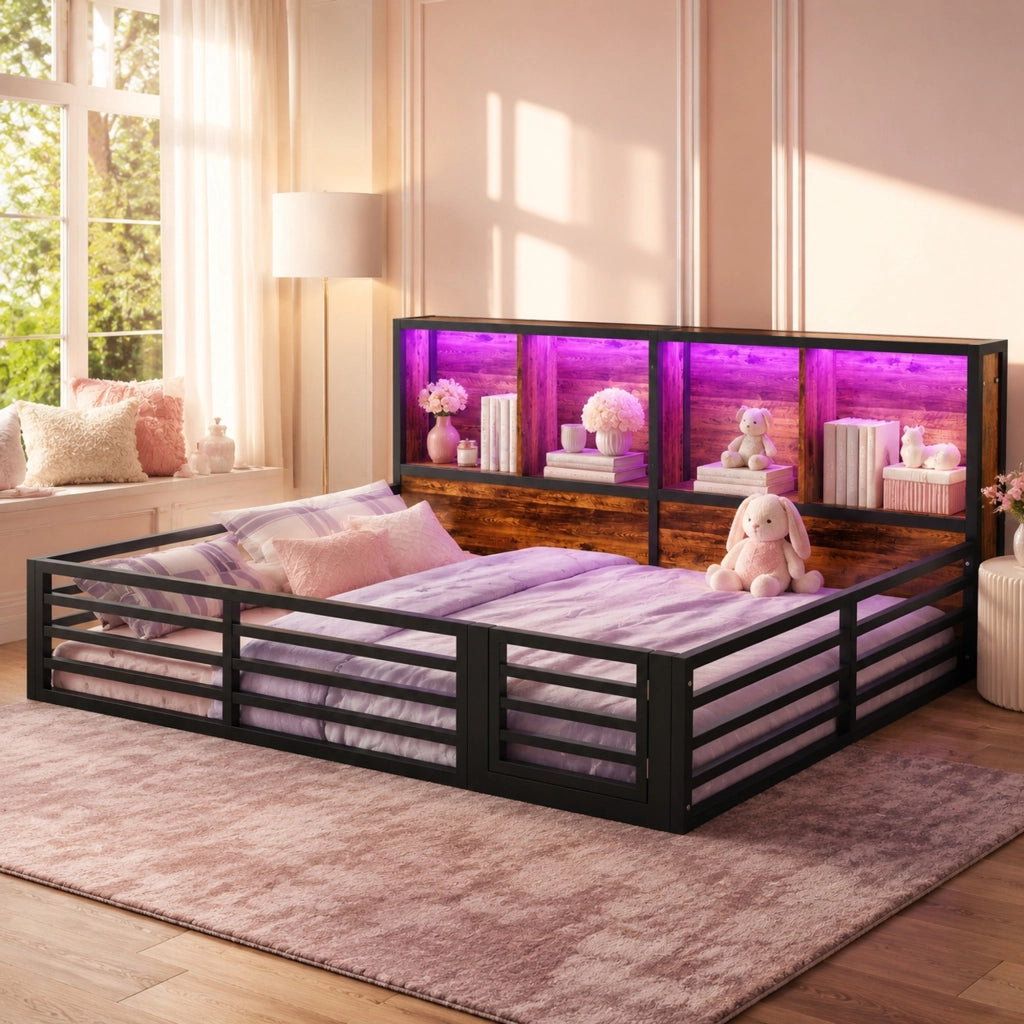Letto a piattaforma 140x200 cm con LED e vani laterali