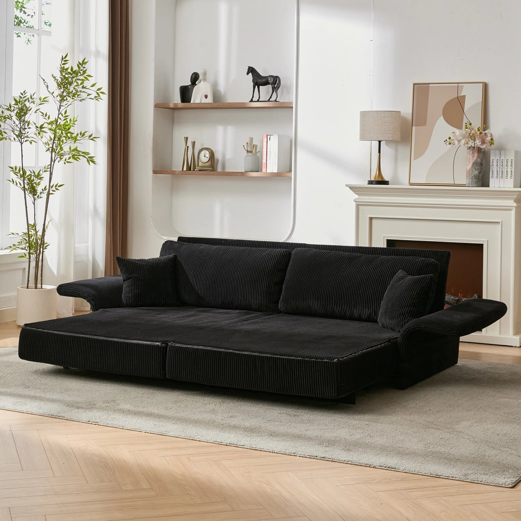 Divano letto con cuscini in schiuma memory e struttura in metallo, in velluto a coste nero 182 × 88 × 84 cm