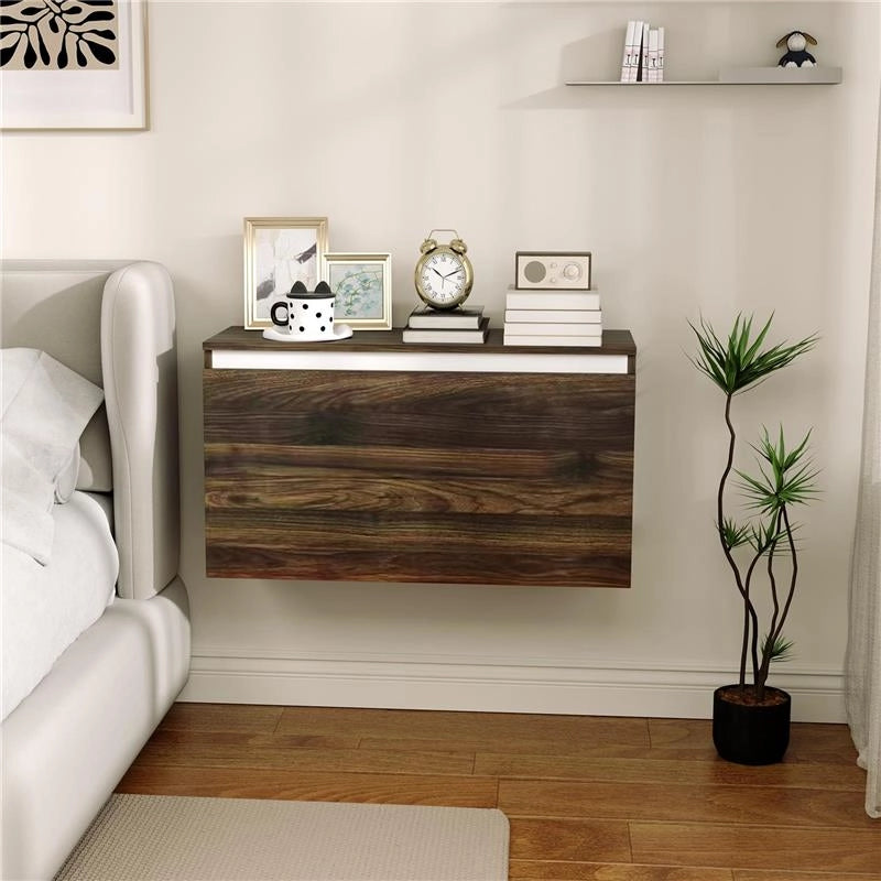 COMODINO SOSPESO CON CASSETTO SENZA MANIGLIE E CON FISSAGGIO A PARETE 80X30X45 CM NOCE