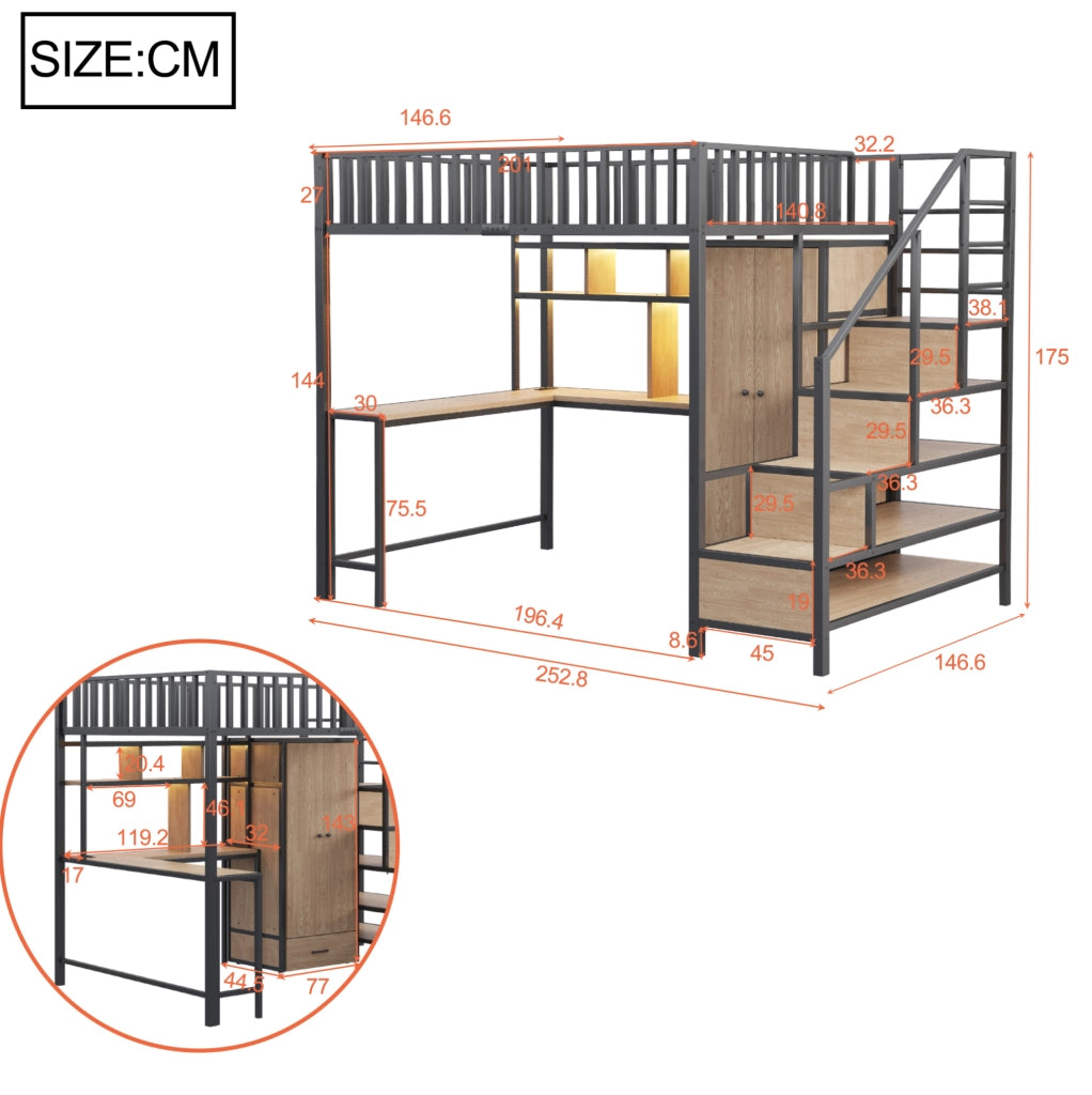 Letto a soppalco in metallo 140x200 cm con scrivania; armadio; LED e prese; nero