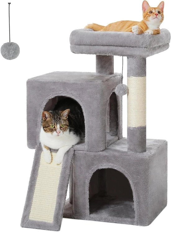 Pavimento da Scalfire per Gatti - 77 cm con Due Condomini, Sede Rivestita e Palle Interchangeabili - Grigio