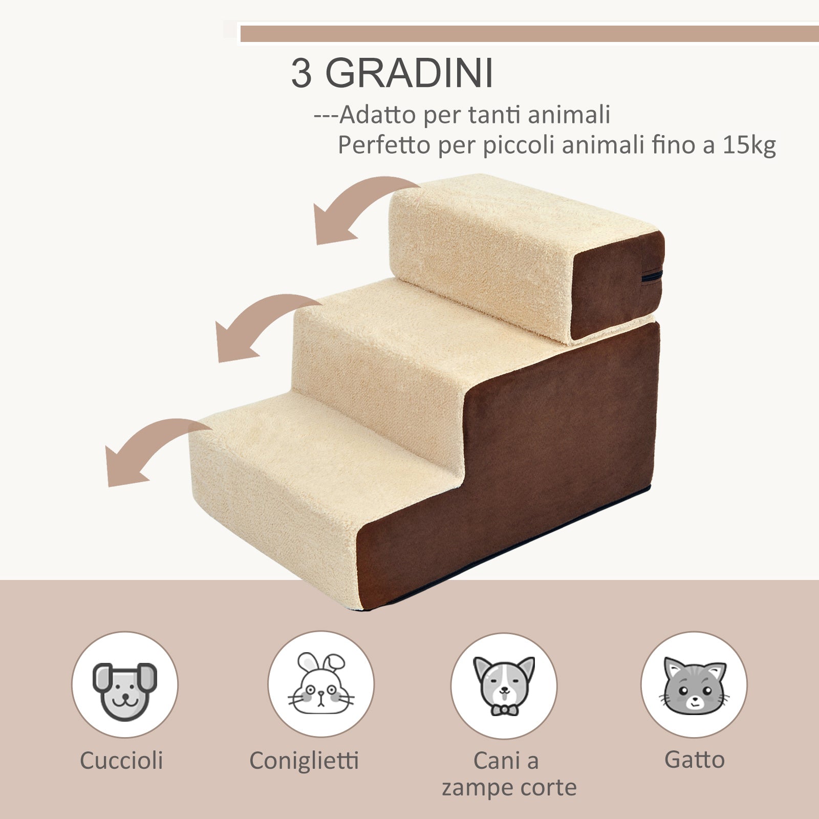 Scala 3 Gradini per Animali Domestici 54x54,5x23 cm  Friendly Beige e Marrone