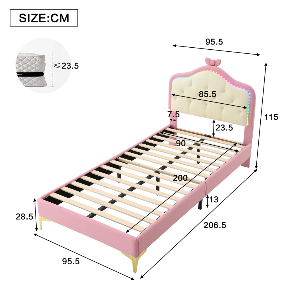 Letto singolo imbottito ULEVR 90x200 cm con LED multicolore, testiera ondulata e fiocco rosa, PU bianco e rosa