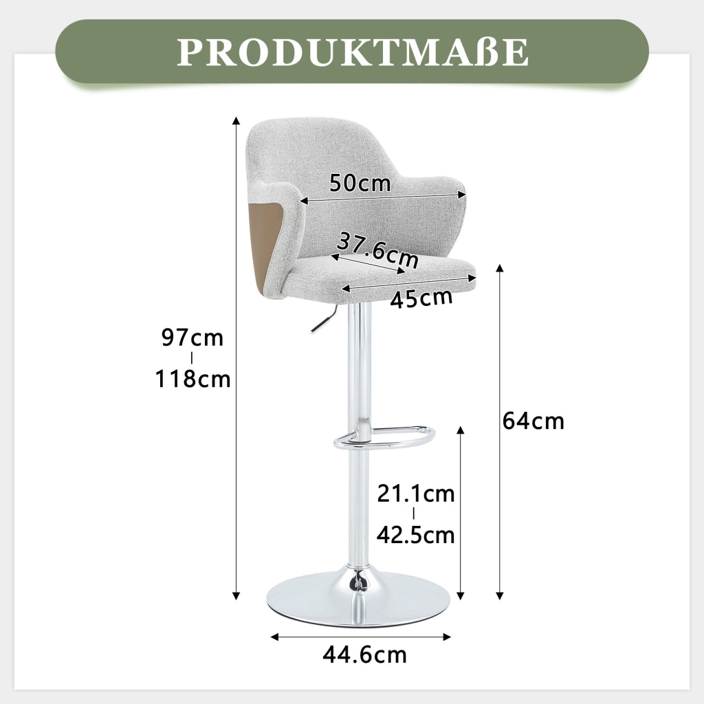 Set di 2 sgabelli da bar regolabili in altezza, girevoli a 360°, imbottiti, grigio/marrone