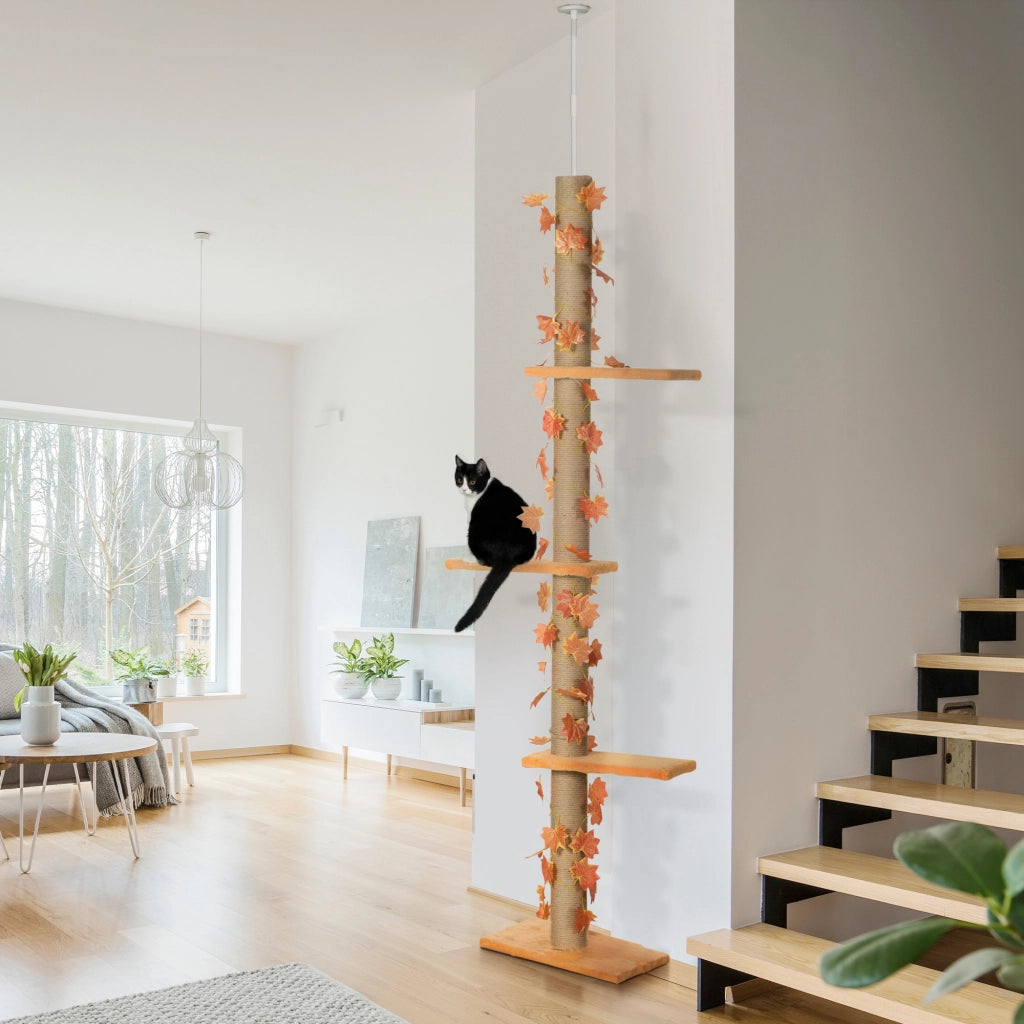 Albero per Gatti con 3 Piattaforme Regolabile ¨C Minimal ¨C 202-242 cm, Decorazione Foglia d'Acero Arancione