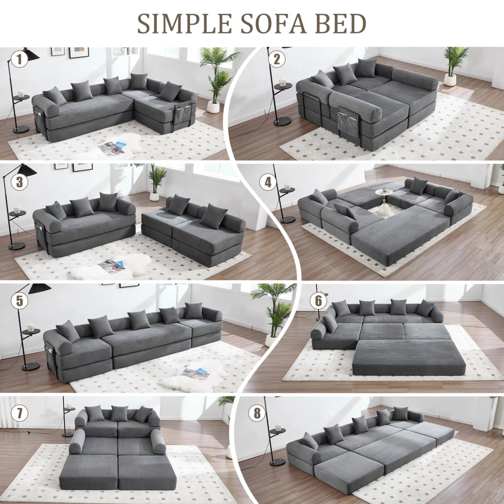 Divano Modulare Convertibile con Tasca Laterale, in Velluto a Coste Grigio Scuro 270 × 180 × 64 cm