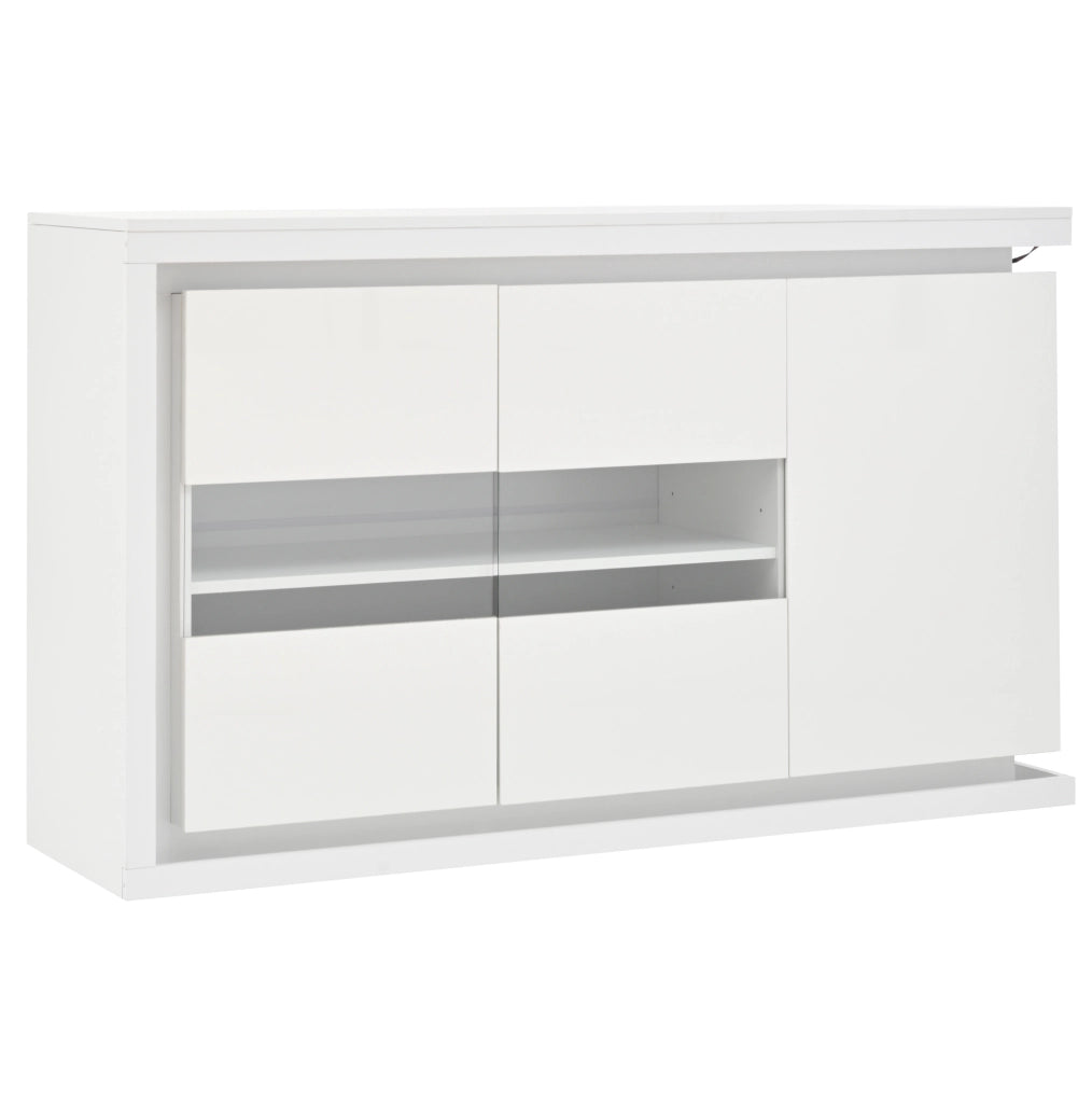 Madia 140x40x84 cm con luci LED telecomandate e 3 ante in truciolato e vetro bianca