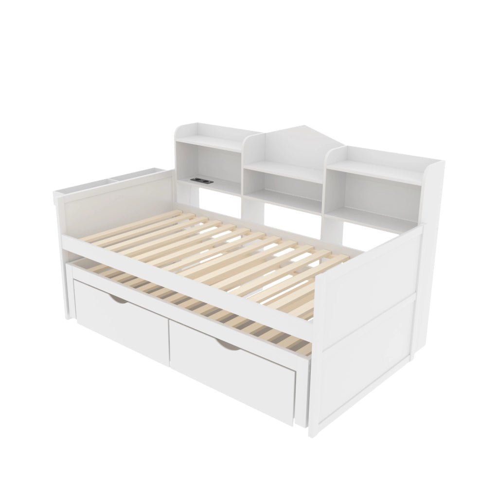 Letto estraibile singolo 90×200 cm con 2 cassetti; vano portaoggetti; USB; senza materasso; bianco