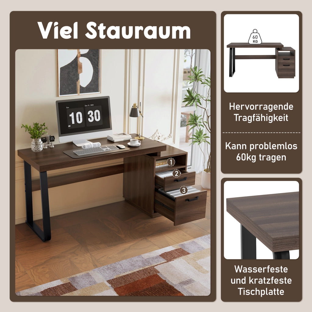 Scrivania lineare con vano aperto e cassetto silenzioso in MDF e metallo marrone 135 × 54 × 76,4 cm