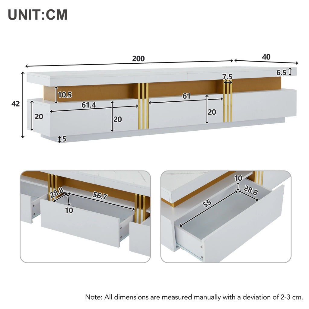 Mobile TV con 3 Cassetti e Foro passacavi; effetto marmo; per Soggiorno; in Truciolare; 200 × 40 × 42 cm; Bianco