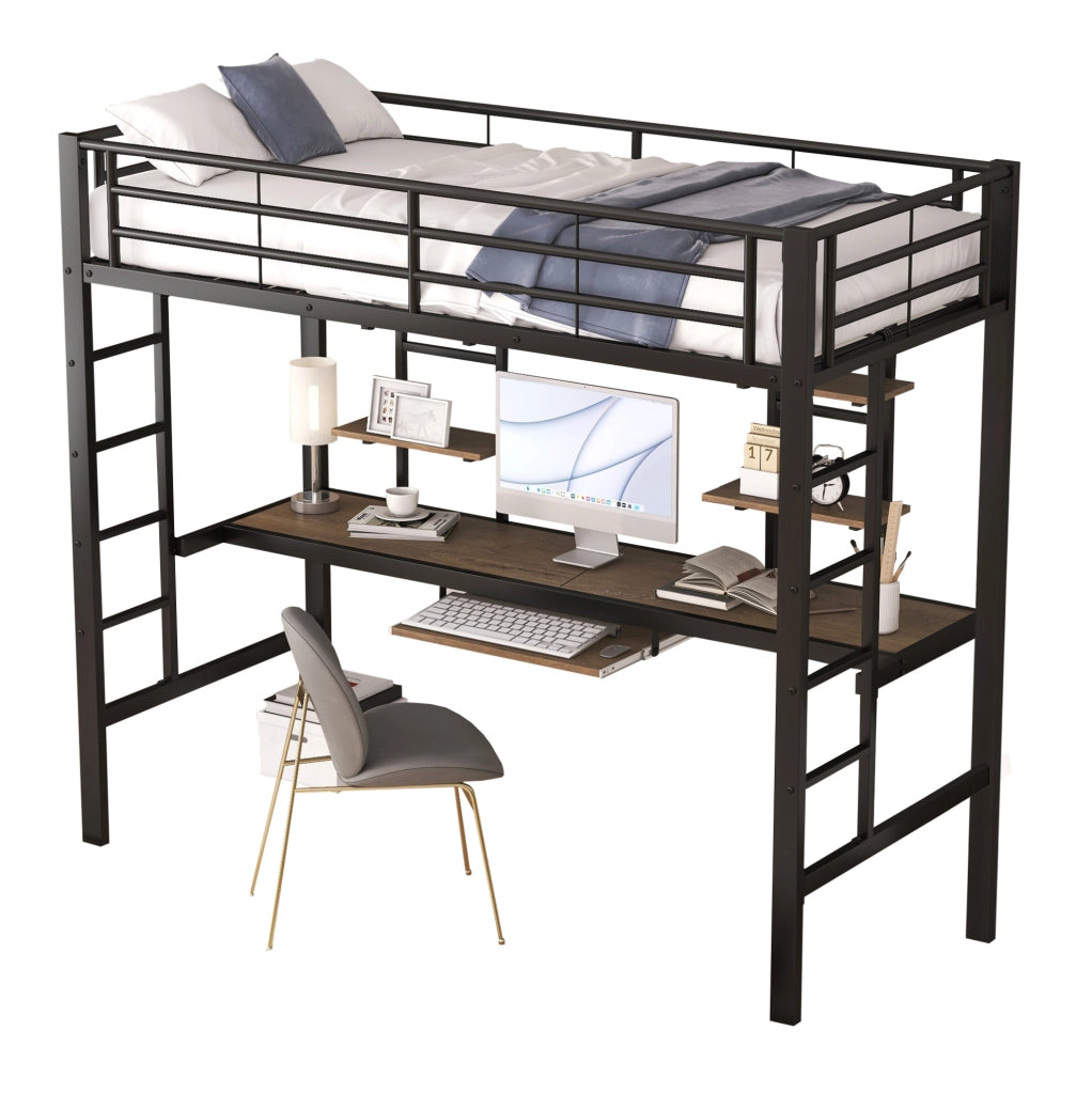 Letto a soppalco 90x200 cm con scrivania e 2 librerie nero