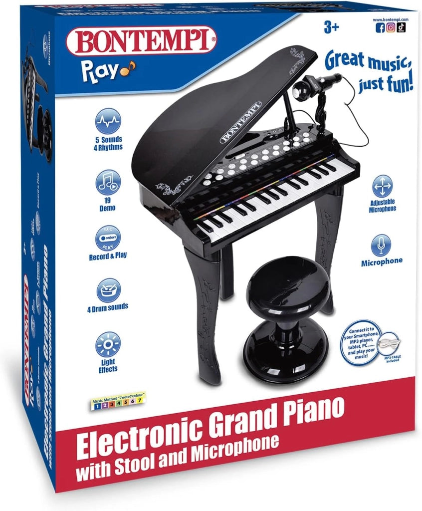Pianoforte a Coda Elettronico 32 Tasti con Microfono e Sgabello, Effetti Luminosi, 5 Suoni, 4 Ritmi, 19 Brani, 53x40x32