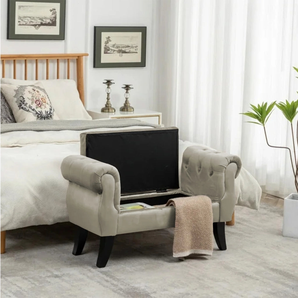 Divanetto In Velluto Panca Contenitore Pouf PortaOggetti Panca Sgabello A Pie Di Letto Cassapanca Ingresso Legno Massello Panchina - Beige