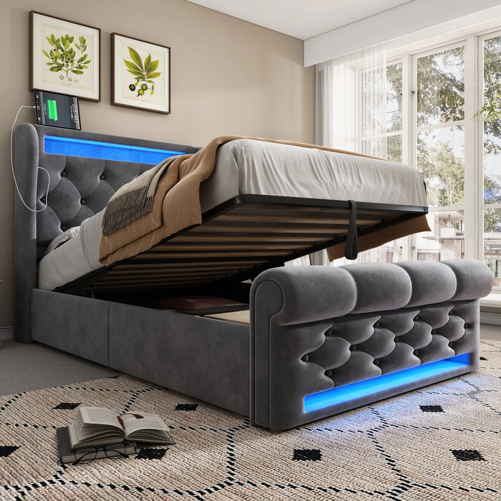 LETTO Imbottito contenitore 90x200 cm velluto grigio con LED, USB-C e materasso