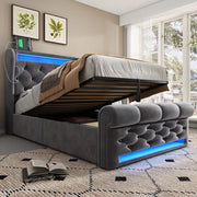LETTO Imbottito contenitore 90x200 cm velluto grigio con LED, USB-C e materasso