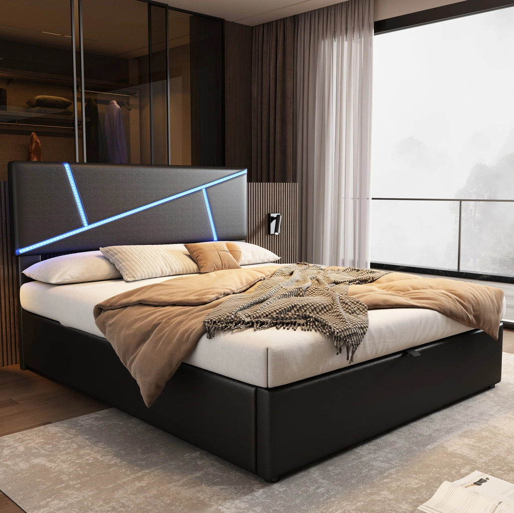 Letto matrimoniale 140x200 cm con contenitore e LED; rivestimento in PU; nero