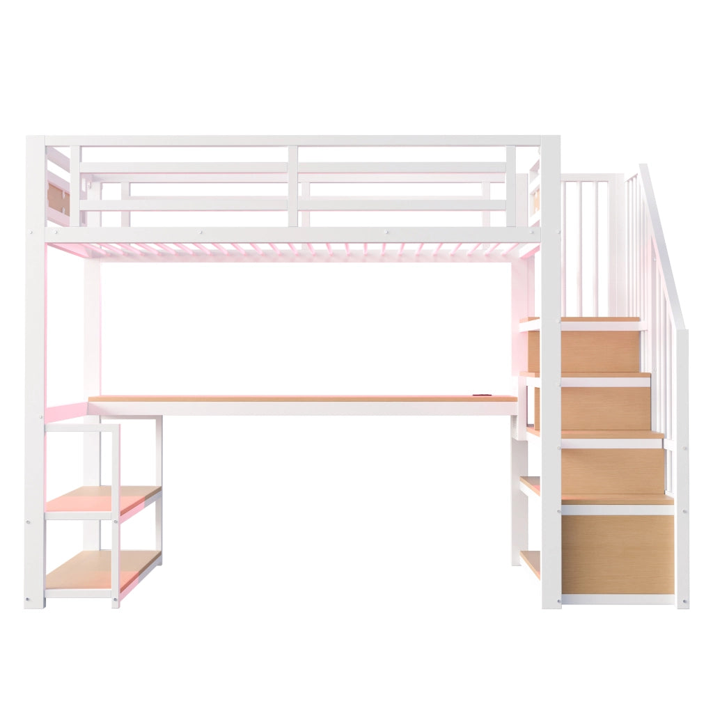 Letto a soppalco 90 × 200 cm con scala contenitore, ripiani, tavolo, barriera di sicurezza, senza materasso, bianco