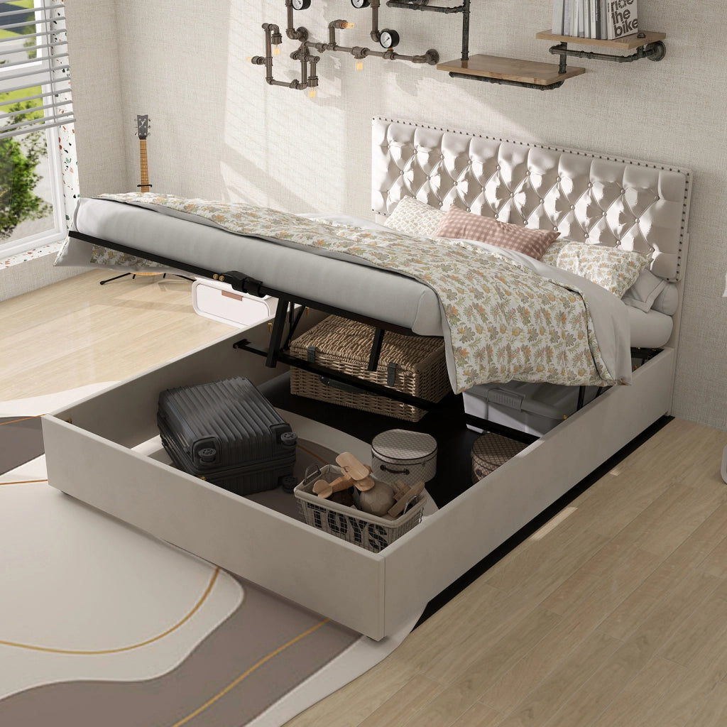 Letto Contenitore Imbottito ¨C MINIMAL ¨C Velluto Beige 140x200