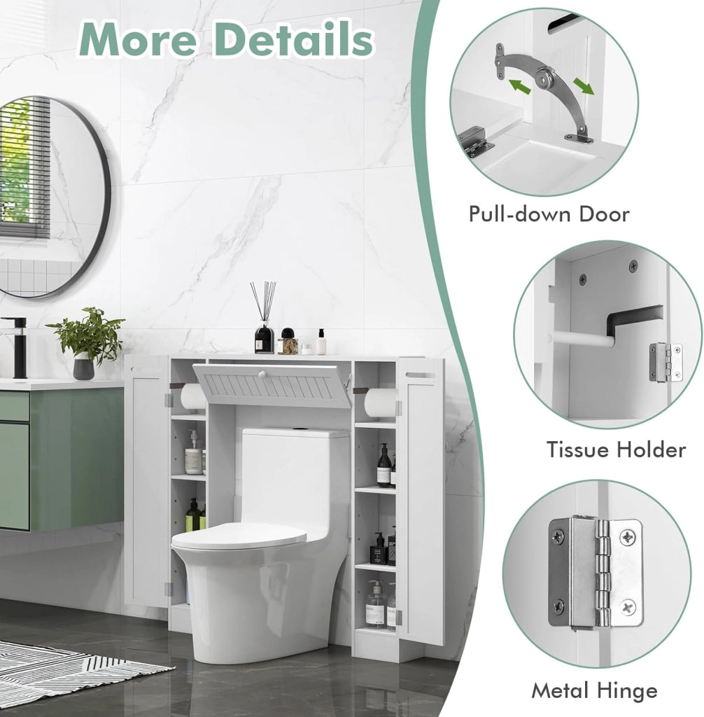 Mobile per Lavatrice, Mobile sopra Toilette, Mobiletto Bagno sopra Toilette, Armadietto da Incasso, in Legno, con Anta, Bagno Salvaspazio, con Porta Carta Igienica (Bianco)