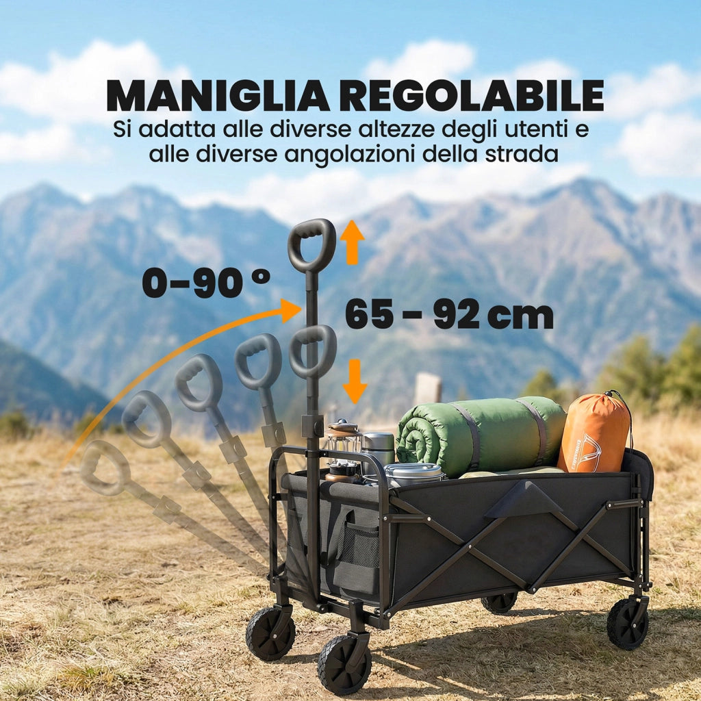 Carrello da esterno 114x46x92 cm Capacità 72L Pieghevole con Manico Regolabile in Acciaio e Tessuto Oxford Nero