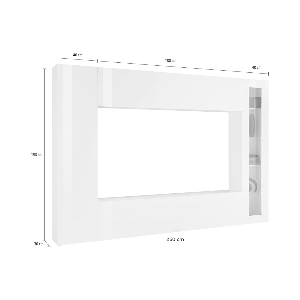 Donatello, Parete Attrezzata 8 Ripiani Made in Italy, 30x260x180h cm Bianco Lucido