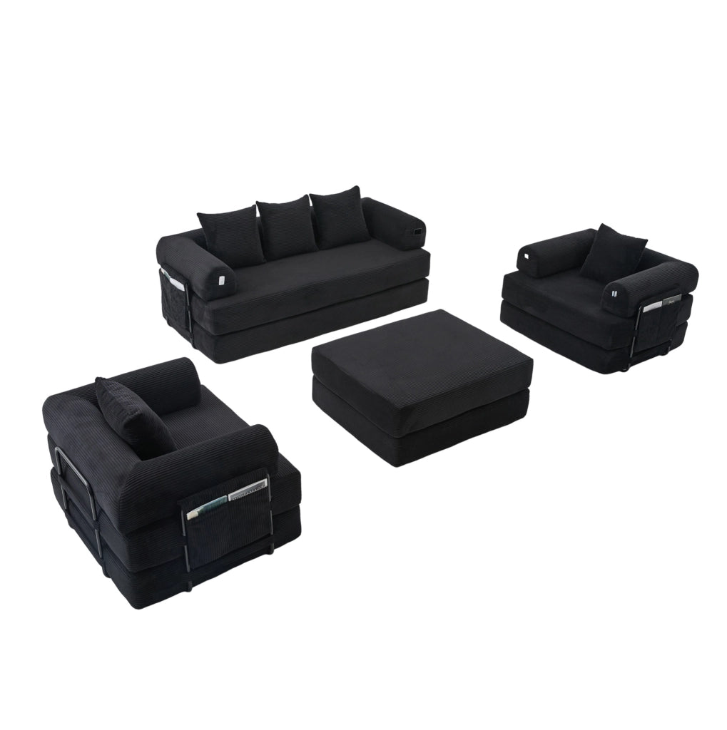 Divano modulare 4 posti ULEVR 200x190x67 cm con pouf, tasca laterale e 3 cuscini, velluto a coste nero