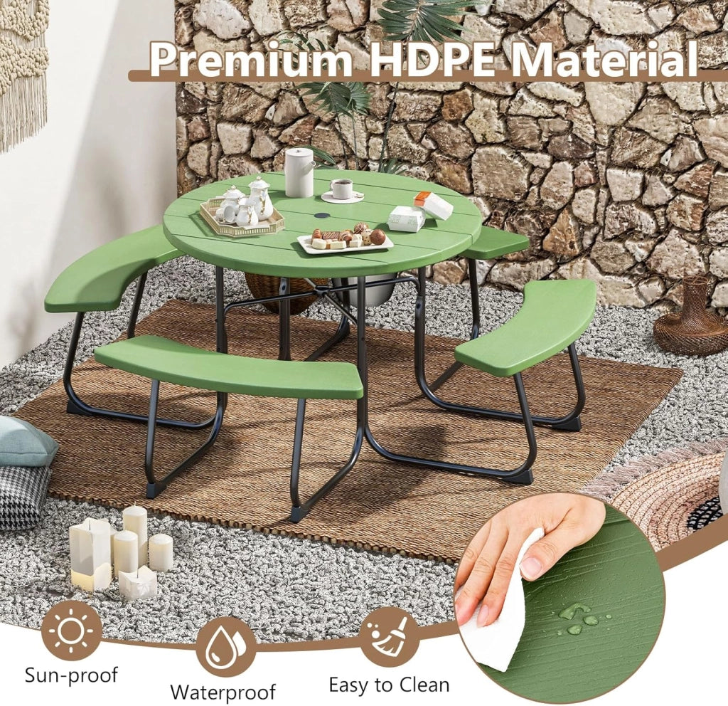 Set da giardino da picnic per 8 persone, tavolo da giardino rotondo con 4 panche, tavolo da birra con foro per ombrellone, set da giardino in HDPE, set per panca da birra (verde)