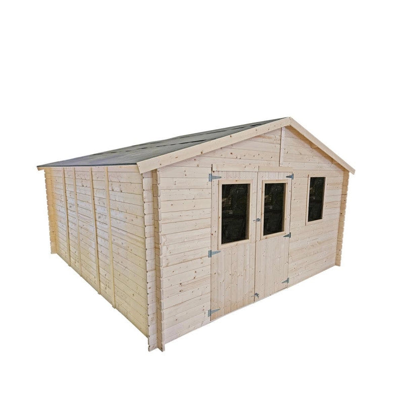 Casetta in legno da giardino 396x494 cm - Pareti 25 mm - Porta doppia finestrata - Tetto OSB - Abete naturale