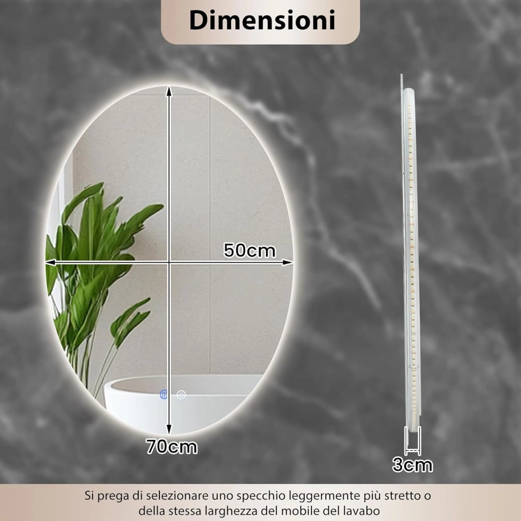 Specchio da Bagno Ovale 70 x 50 CM, Specchio da Toeletta con Luce LED, Antiappannamento, 3 Colori di Luce Dimmerabili, Funzione Memoria e Vetro Temperato Infrangibile per Ingresso