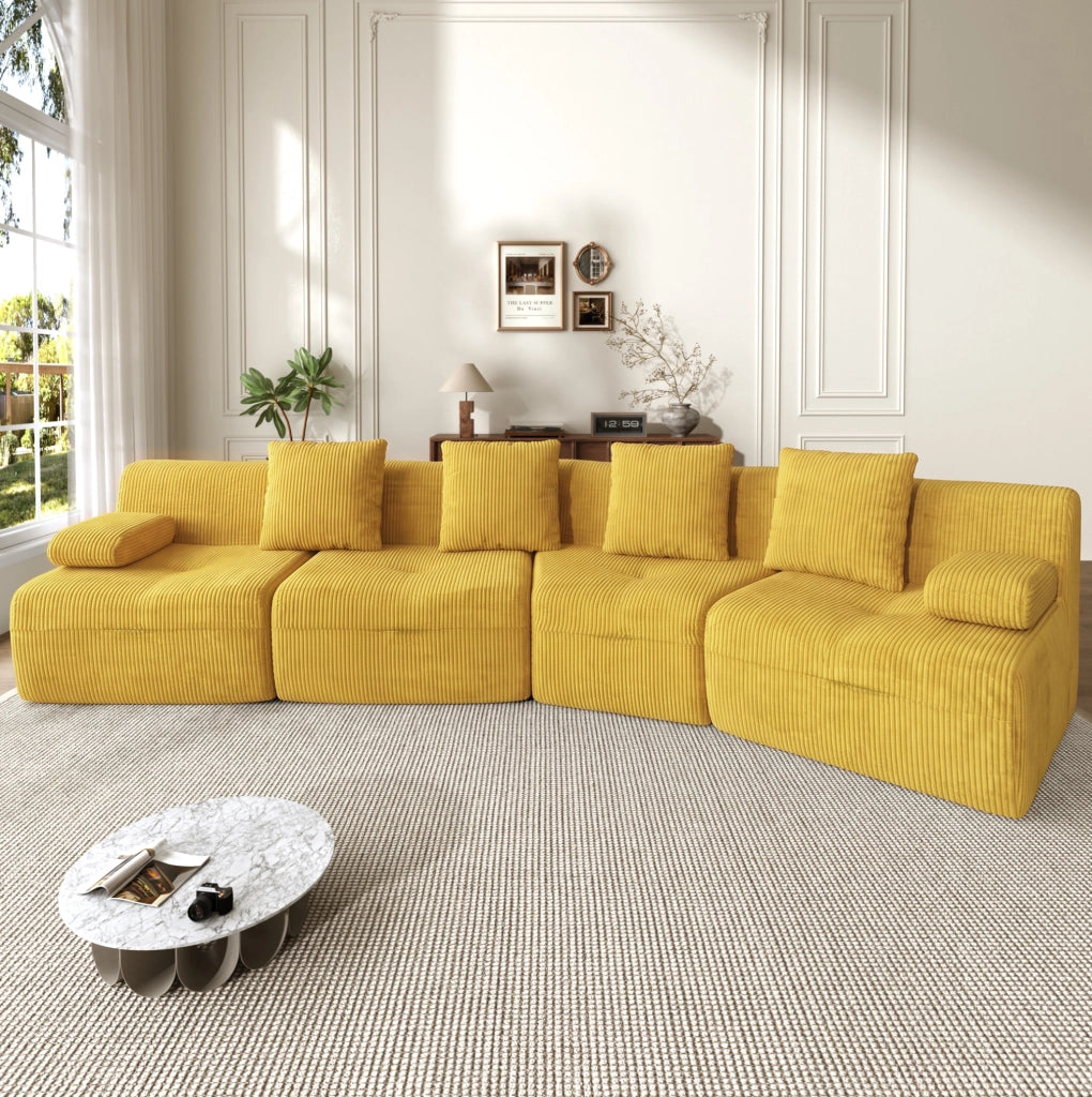 Divano modulare 4 posti in velluto a coste giallo, 4 moduli, 311 cm