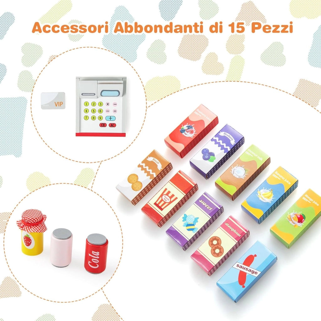 Negozio Alimentare per Bambini, Set di Giocattoli Supermercato in Legno con Cassa, Macchina POS, Distributore Automatico, Lavagna Scrivibile, per Bambini 3-8 Anni (Grigio)
