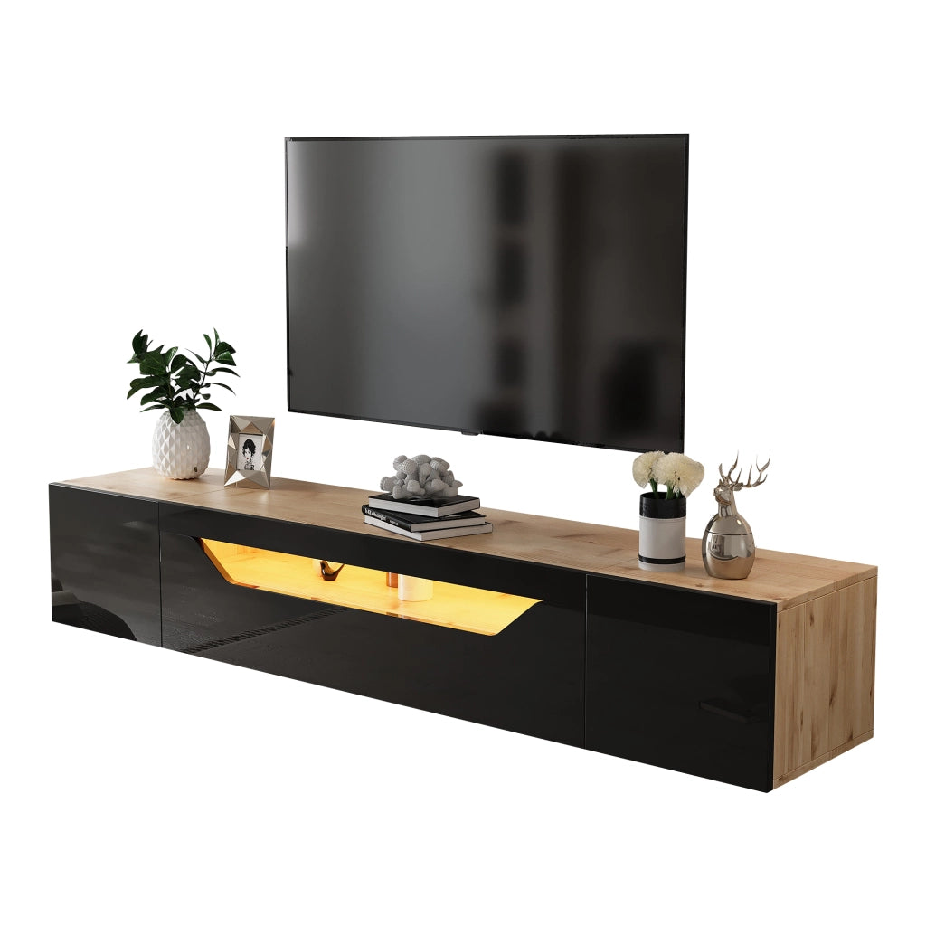 Mobile TV Sospeso con 2 Ante 1 Ribalta e LED per Soggiorno in Pannelli Nero e Legno Naturale 180 x 37 x 36 cm