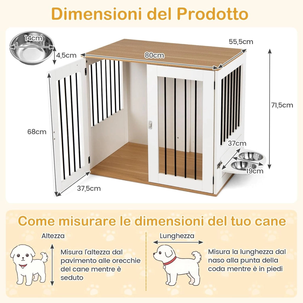 Cuccia per Cani da Interno, Gabbia per Cane Piccolo e Midio con 2 Ciotole Girevoli, 2 Porte e Chiusura di Sicurezza, Casetta per Cuccioli, 80 x 66,5 x 71,5 cm