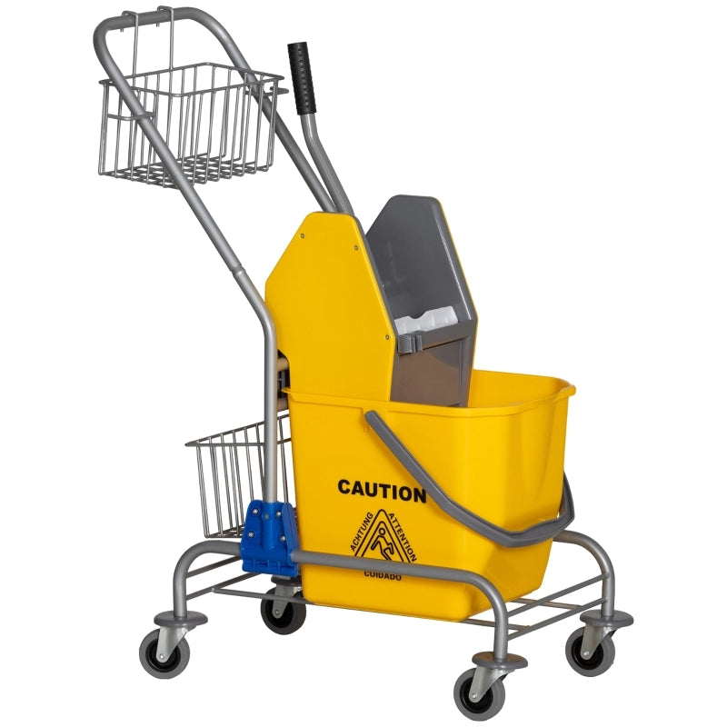 Carrello portaspazzolone per pulizie 26 L con ruote, vaschette porta-accessori, plastica gialla