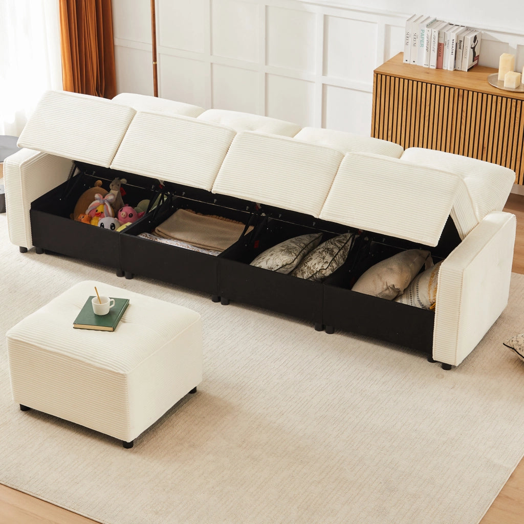 Divano dritto 4 posti con contenitore e pouf modulare, in velluto a coste, Beige, 280 × 146 × 85 cm