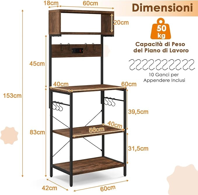 Mensola da Cucina, Supporto per Microonde con Presa Elettrica Ripiani Aperti e 10 Ganci Appendiabiti, Scaffale Multifunzionale per Cucina Soggiorno Bar, 60x42x153 cm