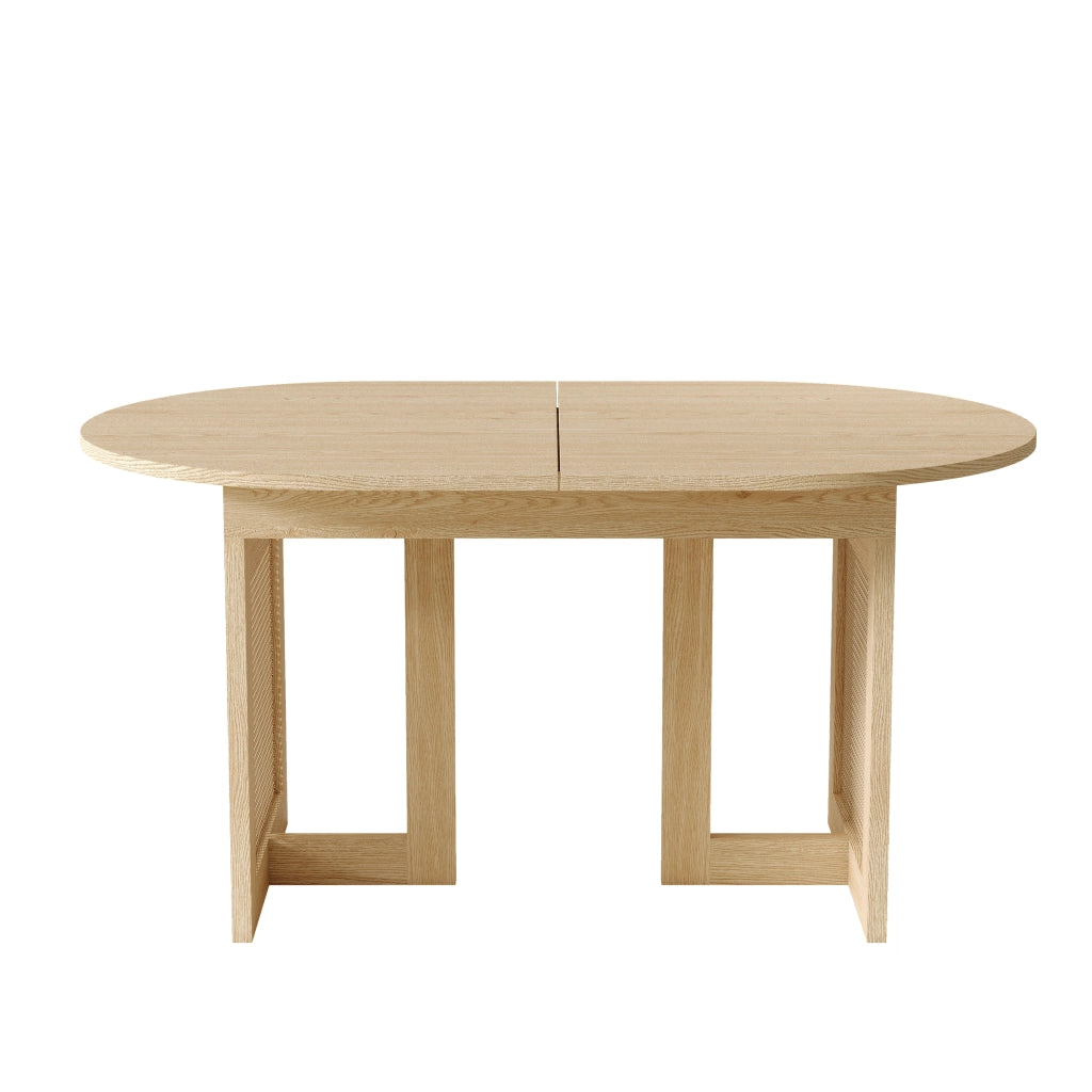 Tavolo da pranzo allungabile per 6-8 persone con bordi arrotondati, gambe effetto rattan, in MDF, rovere