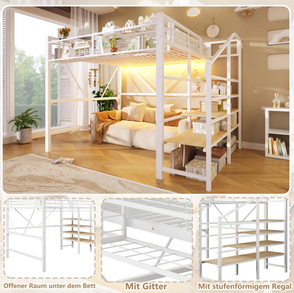 Letto a soppalco 140x200 cm in metallo e MDF con LED, bianco