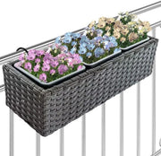 Baccaio in stile rattan con chiodi e anelli - vaso per fiori per balcone e tavolo - esterno e interno - 3 contenitori - resistente alle radiazioni UV - 49 x 19 x 15 cm