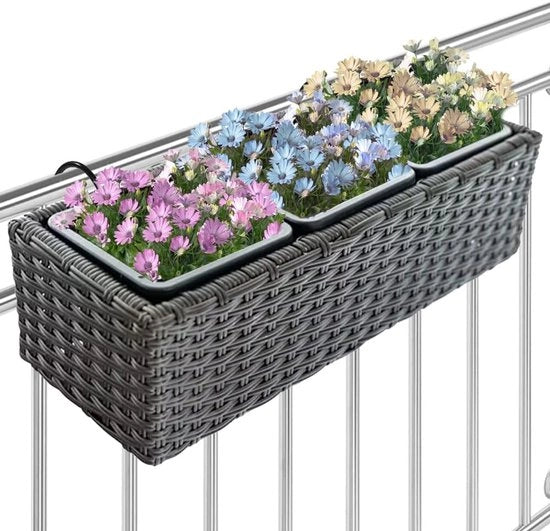 Baccaio in stile rattan con chiodi e anelli - vaso per fiori per balcone e tavolo - esterno e interno - 3 contenitori - resistente alle radiazioni UV - 49 x 19 x 15 cm