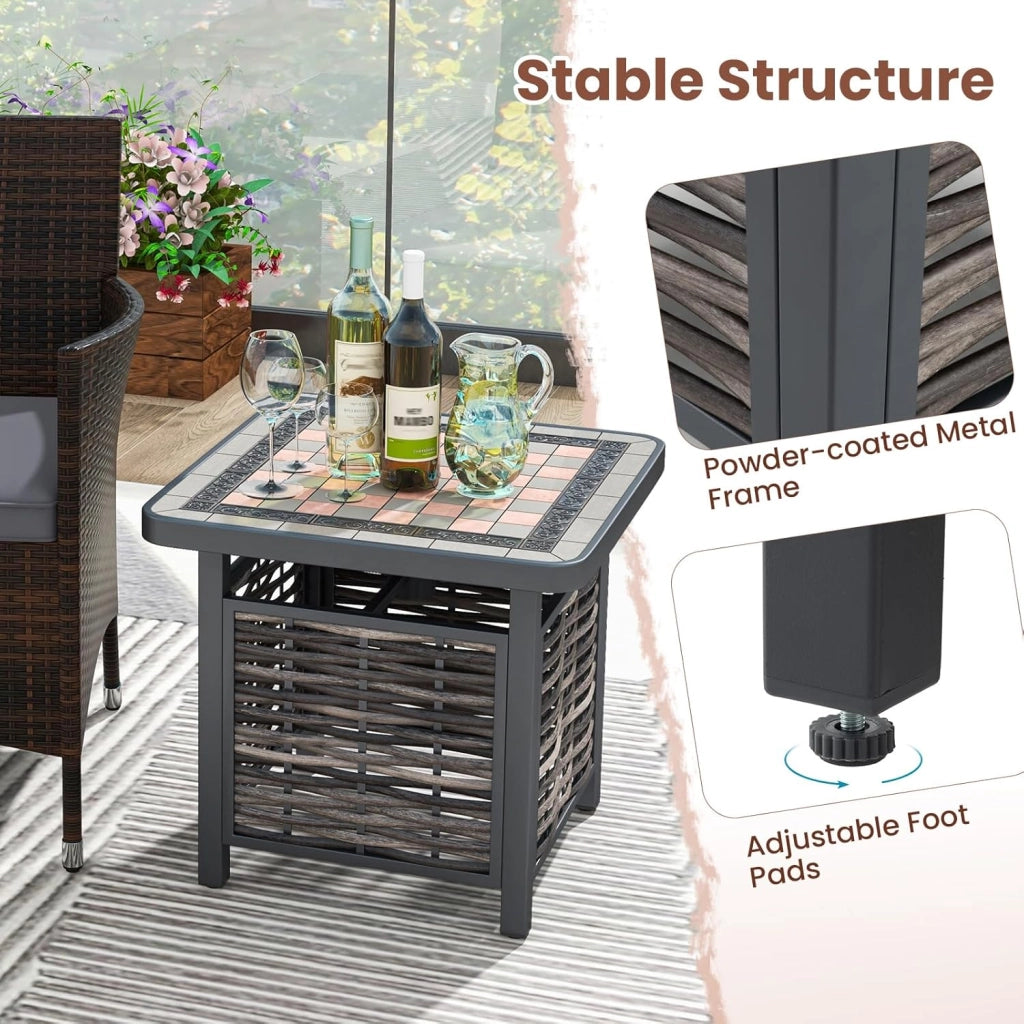 Tavolo da giardino esterno in vimini con foro per ombrellone, tavolino quadrato in rattan PE con piano in resina, telaio in metallo, tavolo da pranzo per giardino, cortile, terrazza