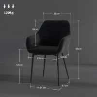 Set 2 Sedie per Sala da Pranzo Moderne con Braccioli, Seduta Imbottita e Gambe in Acciaio, 54x57x80cm, Nero