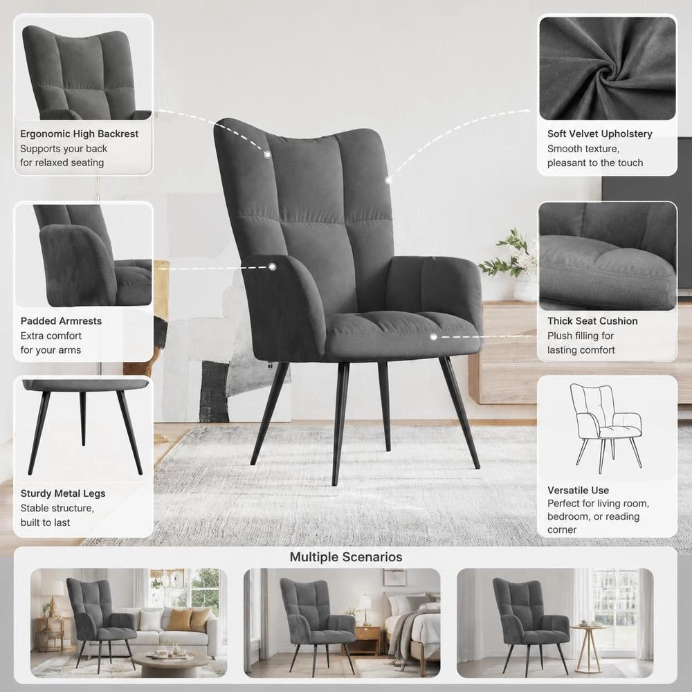 Reclining Armchair In Dark Grey Velvet