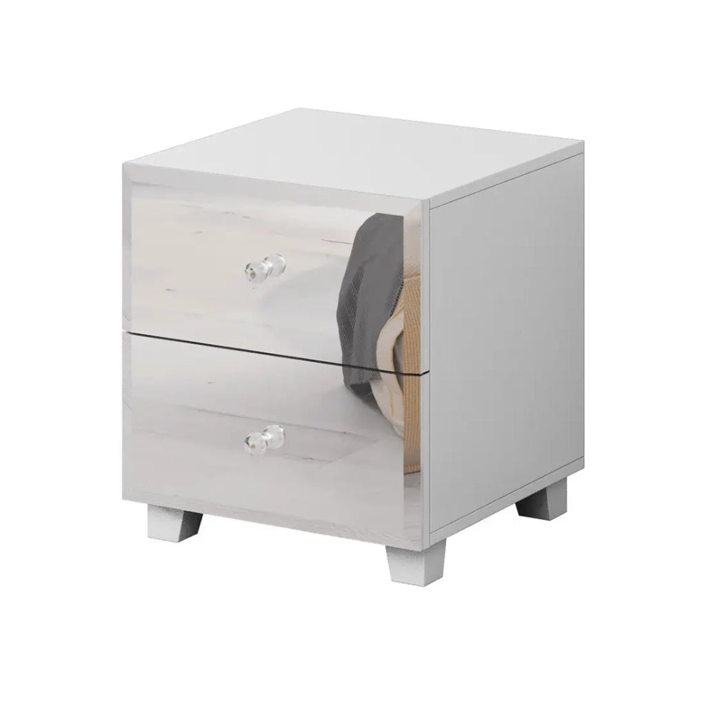 Tavolino da notte LIVORA – 2 cassetti – Bianco opaco con frontali specchio – Eleganza contemporanea