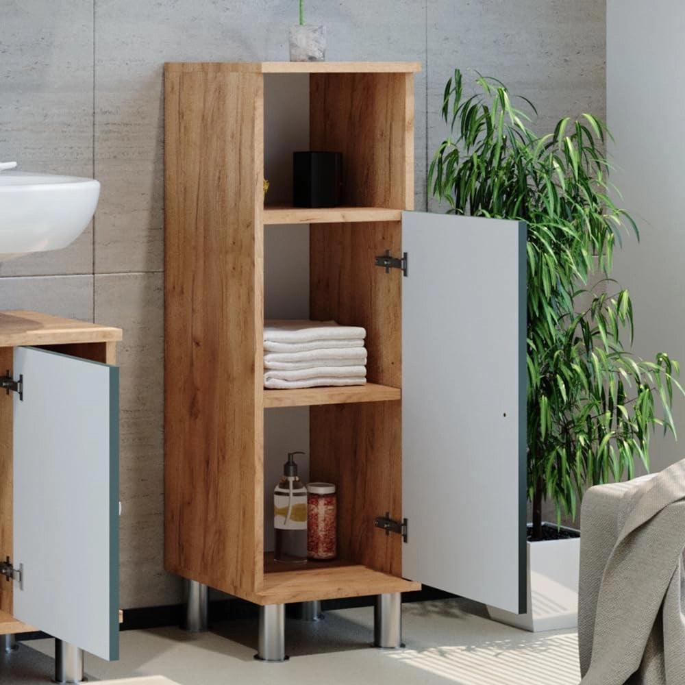 Mobiletto bagno Fynn, Verde, 30 x 95 cm, per la conservazione di accessori da bagno e compatibile con Fynn