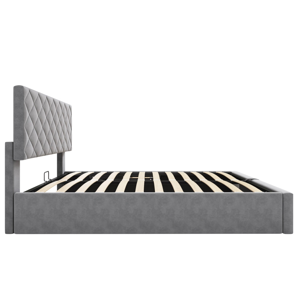 Letti contenitori 140x200 cm; sollevamento idraulico e rete a doghe; velluto grigio (Senza materasso)