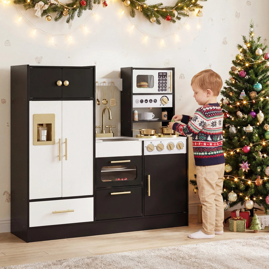Cucina bambini in legno cucina giocattolo con effetti sonori e luci, Cucina giocattolo set da gioco di chef per bambini Nero