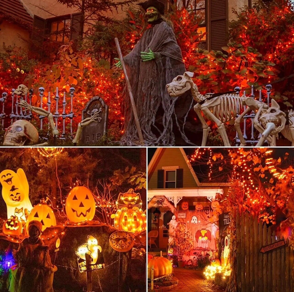 Catena luminosa 100 LED luce arancione a batteria da esterno per halloween 10 mt